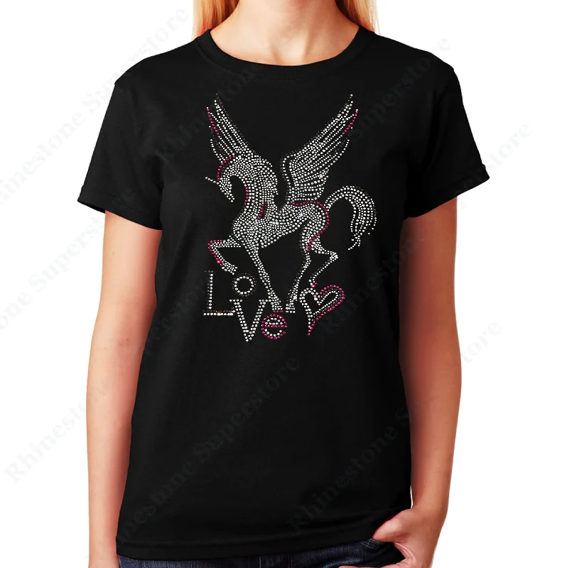 Women's / Unisex T-Shirt with Pegasus with Love in Rhinestones Collared Crew Neck Turtle Neck