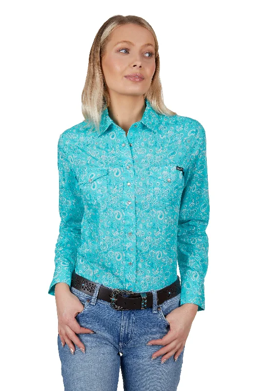 Wrangler Ladies Gabby Print Western Long Sleeved Shirt - Aqua - X4S2127129 Cotton Fabric Linen Fabric Terry Fabric