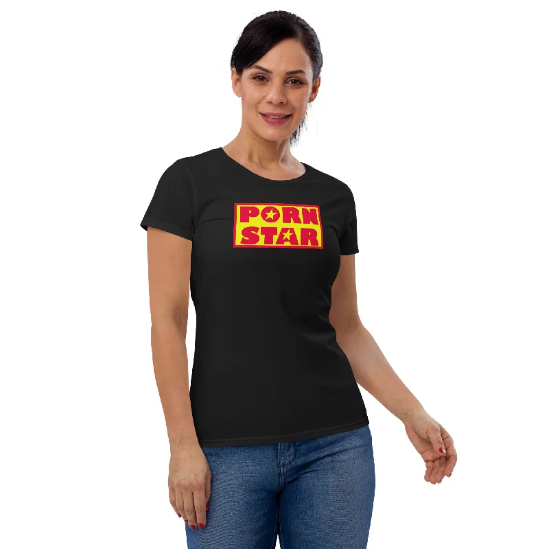 Yellow and Red Porn Star Logo Women's Short Sleeve Babydoll T-shirt Lace Blend Ribbed Blend Corduroy Blend