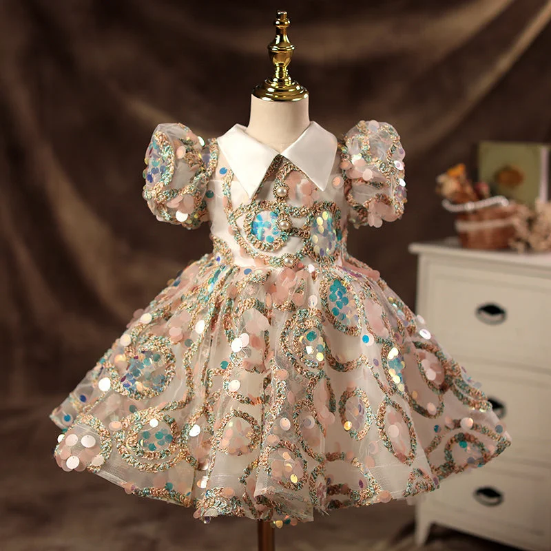 Girl Sequins Pearl Princess Party Dress Baby Girl Formal Dresses Tunics Sophisticated sleek