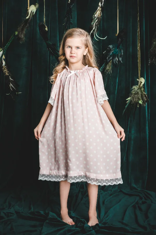 BELLA - GIRLS' PINK NIGHTDRESS WITH WHITE DOTS Tunics Bridal satin