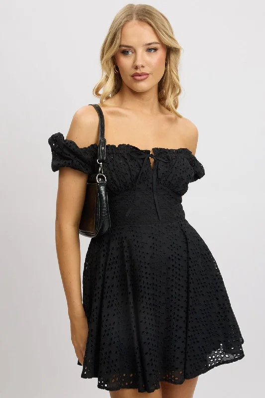 Black Fit And Flare Dress Mini Eyelet Fabric Tunics Party sparkling