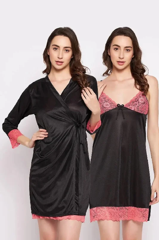 Clovia Chic Basic Short Night Dress & Robe Set in Black - Satin Tunics Polka dots