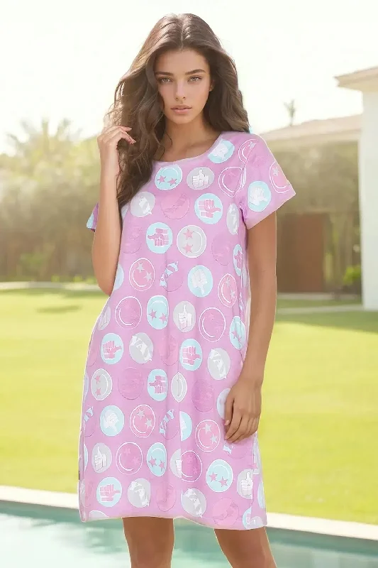 Clovia Emoji Print Short Night Dress in Lavender - 100% Cotton Tunics Long Elegant