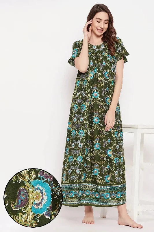 Clovia Pretty Florals Long Night Dress in Dark Green - Rayon Tunics Solid Classic