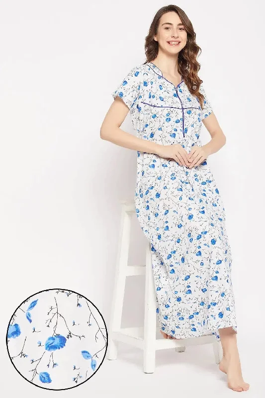 Clovia Pretty Florals Long Night Dress in White - 100% Cotton Tunics Denim casual