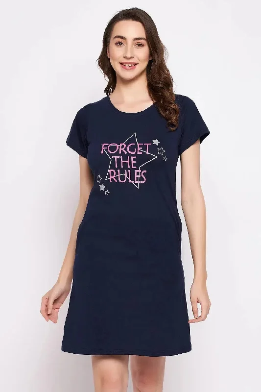 Clovia Quirky Quotes Short Nightdress in Navy - Cotton Maxi Flowy Bohemian