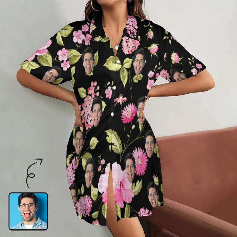 Custom Face Pink Flower Blooming Women's Satin Shirt Nightdress - Black Tunics Versatile all-occasion