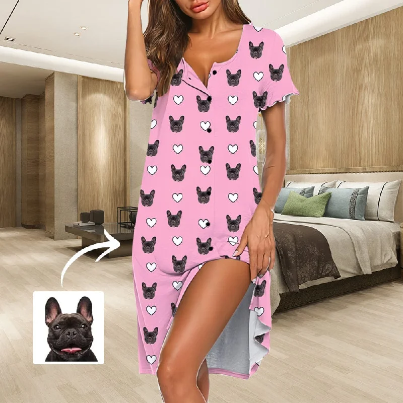 Custom Pet Face Hollow Love Heart Women's Pajama Dress - Pink Tunics Practical durable