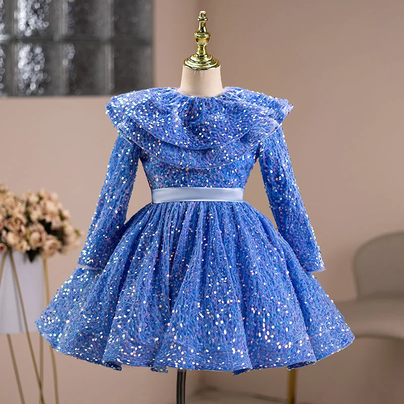 Girl Birthday Party Dress Baby Girl Pageant Blue Long Sleeve Sequin Puffy Princess Dress Tunics Trendy modern