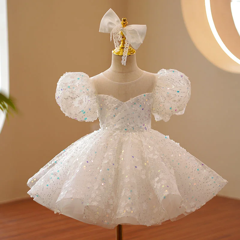 Baby Girl Formal Princess Dress Girl Summer White Puff Sleeve Sequin Birthday Party Dress Tunics Ceremony elegant