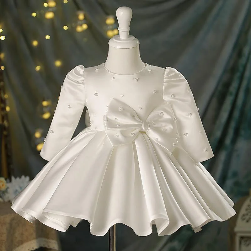 Baby Girl White Beaded Long Sleeve Bow Baptism Dress A-Line Day Work