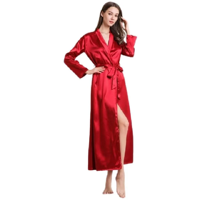 Long Silk Robe Night Gown Bridal Long Night Dress Red Color Nightwear for Women Tunics Corduroy durable