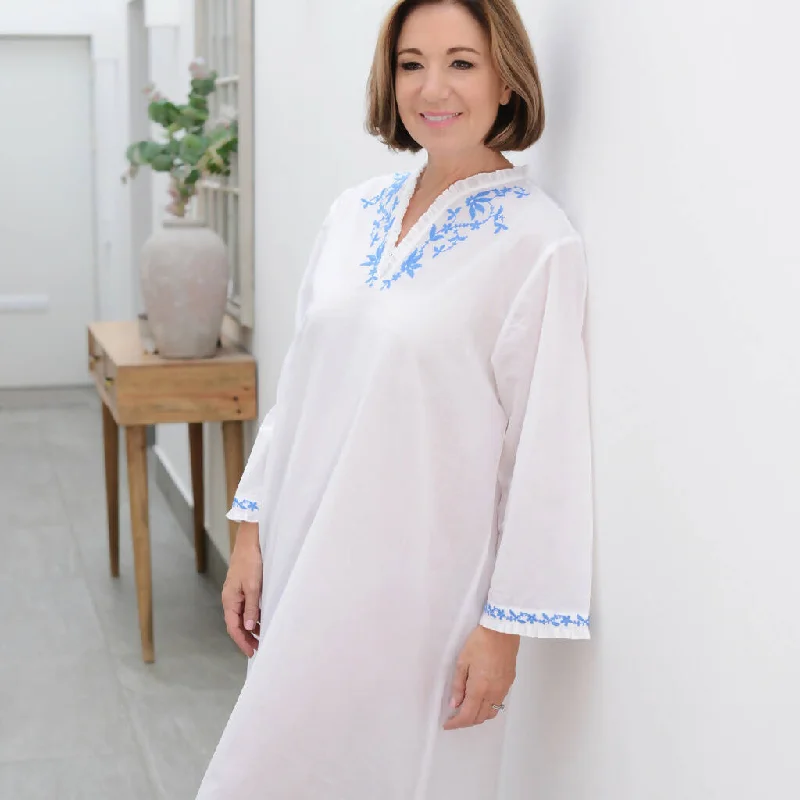 Long Sleeve Cotton Nightdress with Embroidered Bodice Maxi Flowy Bohemian