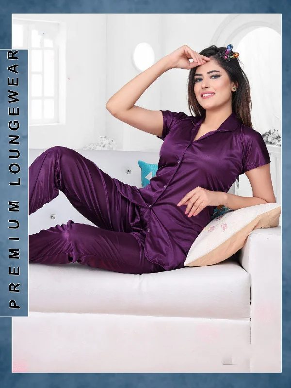 Purple Night Dress Satin Pyjama Set For Ladies Turtleneck Neckline Stylish