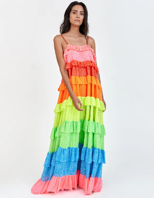 Rainbow Ruffle Tiered Dress - Brights Tunics Sophisticated sleek