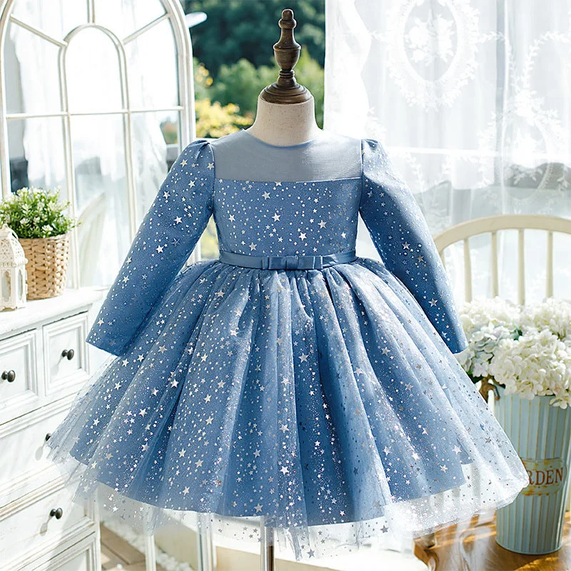 Baby Girl Birthday Party Dresses Toddler Star Print Long Sleeve Blue Ball Gowns Tunics Lace romantic