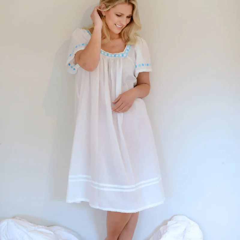 White Cotton Nightdress with Embroidered Turquoise Flowers Tunics Print Colorful