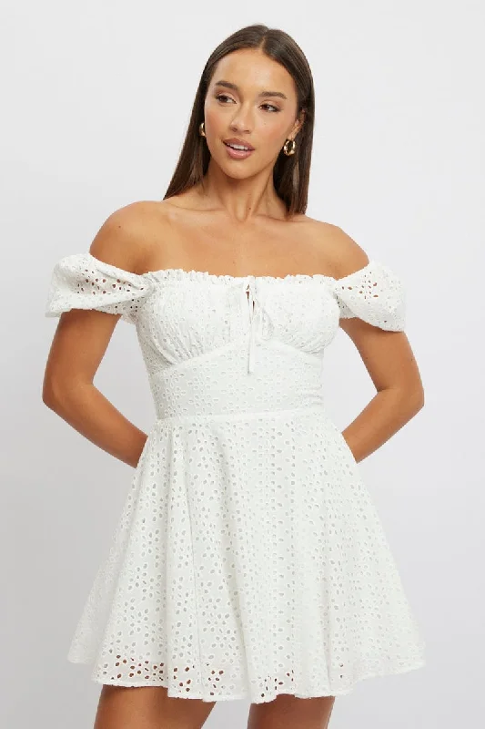 White Fit And Flare Dress Mini Eyelet Fabric Tunics Custom made