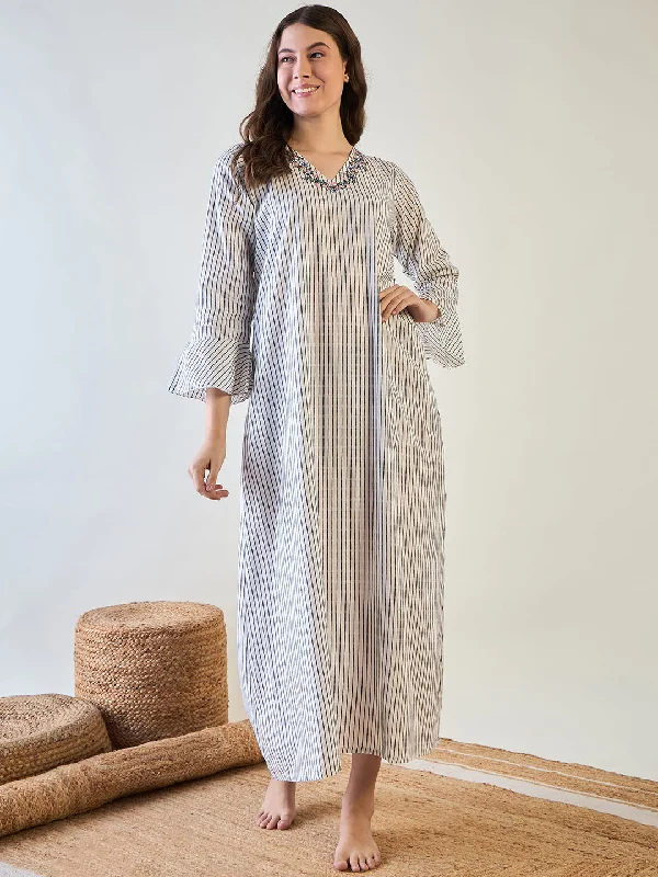 Women's Cotton Nightdress With Chic Stripes And Embroidery - The Kaftan Company Tunics Favorite customer