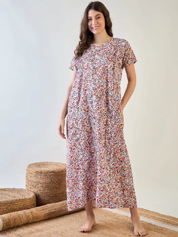 Women's Red Floral Comfy Night Dress - The Kaftan Company Tunics Occasion special