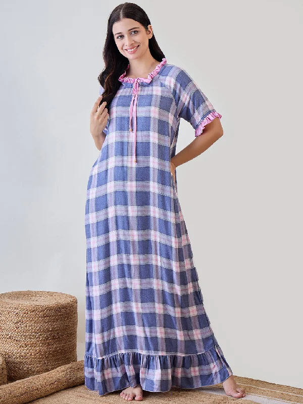 Women's Pink Viscose Checks Nightdress - The Kaftan Company Tunics Chic fashionable