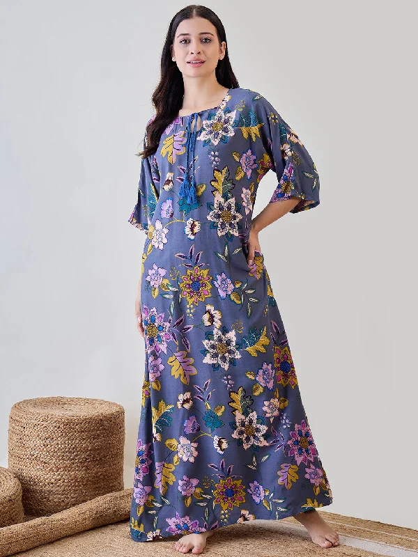 Women's Grey Viscose Floral Nightdress - The Kaftan Company Tunics Bestseller popular